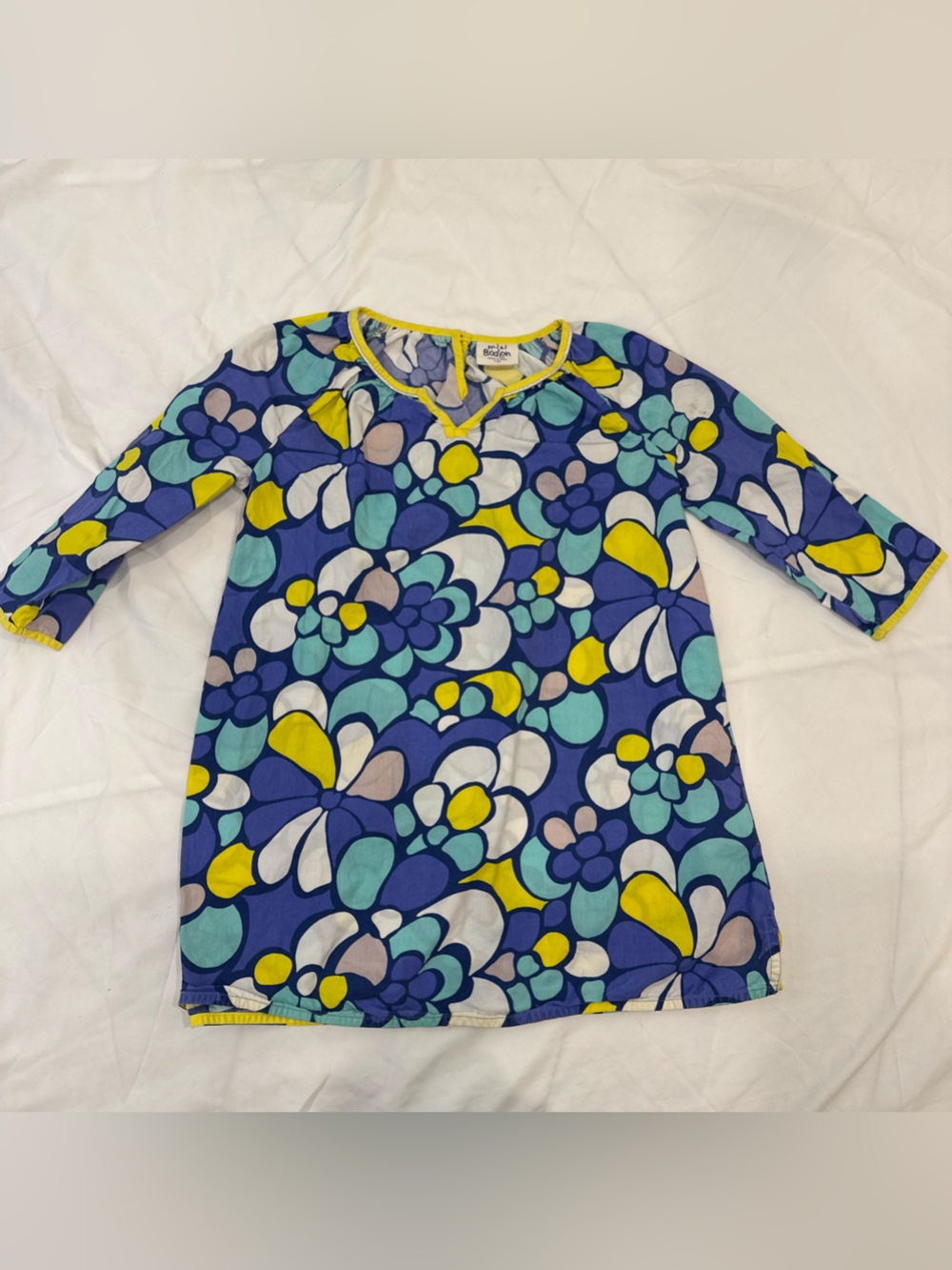 Mini Boden Girls Floral Cotton Tunic Dress Blue Yellow Spring Summer 7-8Y 128cm
